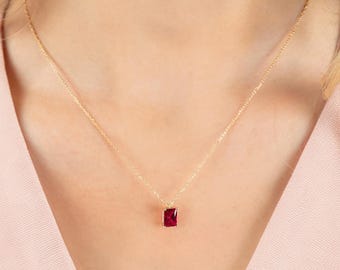 Collana in oro massiccio 14 carati con pietra portafortuna rettangolare in rubino, argento minimalista