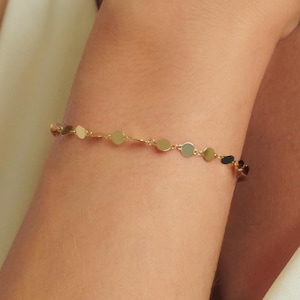 14K Solid Gold Pailletten Spiegel Kettenarmband Echt Gold Layering Armband Kette 3 mm Spitze Dünn DeliART Alltag Unisex Einfach Stapeln