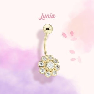 14K Solid Gold CZ Daisy Belly Ring Body Button Belly Ring Dainty Navel Everyday Clicker Simple Real Gold Barbell Jewelry Piercing Ring
