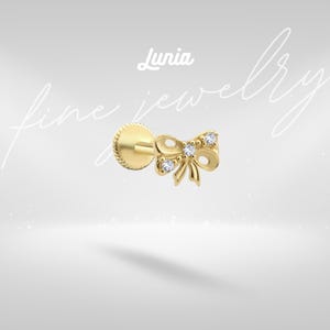 14K Solid Gold Ribbon Bow CZ Flat Back Earrings Ribbon Piercing Helix Cartilage Earring Studs Tragus Lobe Tiny Jewelry Everyday Threadless