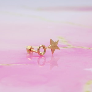 Brinco de piercing de orelha com parte traseira plana e estrela de ouro maciço 14K, piercing de hélice, tragus, parafuso pequeno, brinco de parte traseira plana