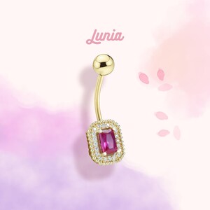 14K Solid Gold CZ Rectangle Pink Belly Ring Belly Dainty Button Body Everyday Threaded Minimalist Clicker Simple Navel Piercing Barbell Ring