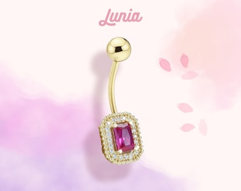 14K Solid Gold CZ Rectangle Pink Belly Ring Belly Dainty Button Body Everyday Threaded Minimalist Clicker Simple Navel Piercing Barbell Ring
