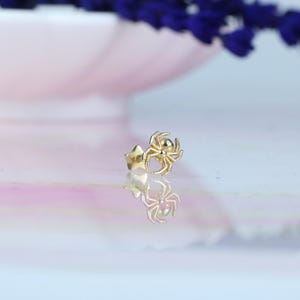 14K Solid Gold Spider Flat Back Earring | Real Gold Arachnid Conch Earring, Helix Tragus Piercing, Cartilage, Ear Piercing, Flat Back Studs