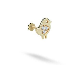 14K Solid Gold Bird Flat Back Earring | Real Gold Sparrow Conch Earring, Helix & Tragus Piercing, Cartilage, Ear Piercing, Flat Back Studs