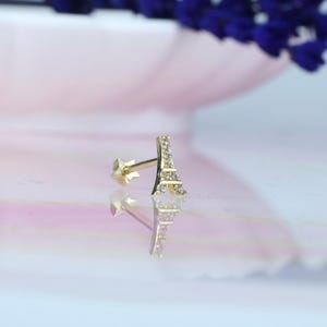 14K Solid Gold CZ Eiffel Tower Flat Back Earring | Real Gold Iron Lady Conch Earring, Helix Tragus Piercing, Cartilage, Ear Piercing, Studs