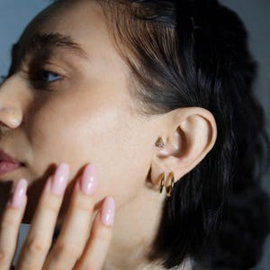 14K Solid Gold Triangle Glow CZ Flat Back Earrings Cartilage Jewelry Geometric Earring Helix Ear Piercing Tragus Tiny Threadless Real Lobe