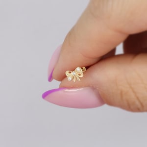 14K Solid Gold Ribbon Bow CZ Flat Back Earrings Ribbon Piercing Helix Cartilage Earring Studs Tragus Lobe Tiny Jewelry Everyday Threadless