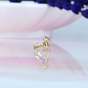 14K Solid Gold Teddy Bear Flat Back Earring | Real Gold Bruin Conch Earring, Helix Tragus Piercing, Cartilage, Ear Piercing, Flat Back Studs