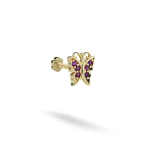 14K Solid Gold CZ Butterfly Flat Back Earring | Real Gold Flutterfly Conch Earring, Helix & Tragus Piercing, Cartilage, Ear Piercing, Studs