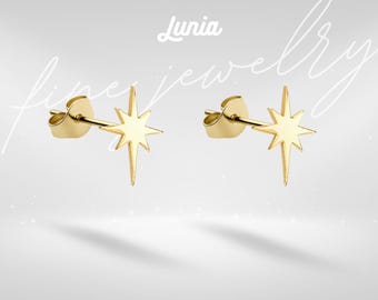 14K Gold North Star Earrings Celestial Star Compass SilverLobe Earring Studs Minimal