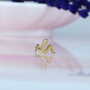 14K Solid Gold Patterned Snake Flat Back Earring | Real Gold Serpent Conch Earring, Helix & Tragus Piercing, Cartilage, Ear Piercing, Studs