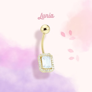 14K Solid Gold CZ Rectangle White Belly Ring Dainty Navel Belly Button Body Simple Everyday Real Gold Clicker Jewelry Barbell Piercing Ring
