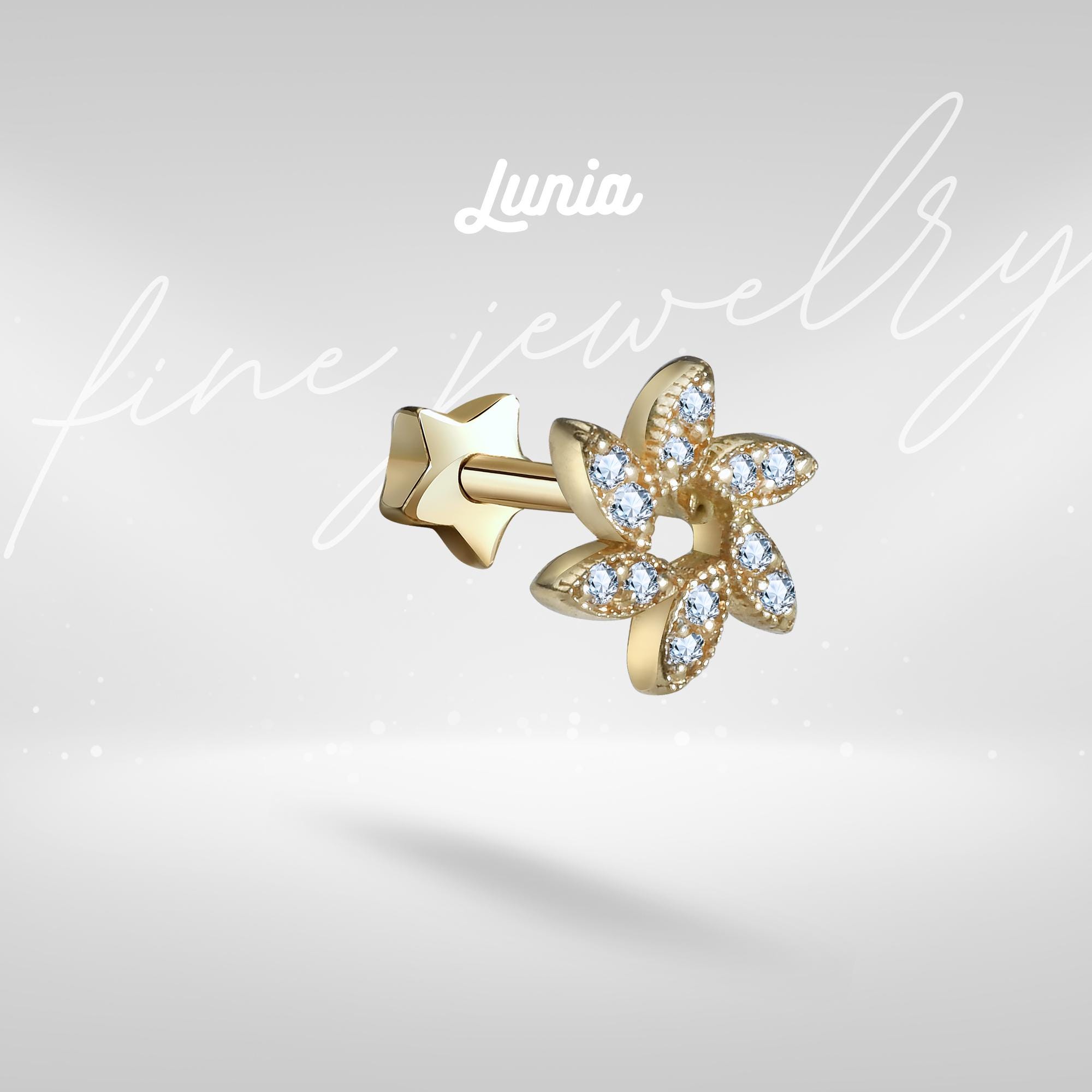 14KソリッドゴールドCZウィンドフラワーフラットバックイヤリング