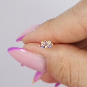 14K Solid Gold Blossom CZ Flat Back Earrings Tragus Cartilage Flower Piercing Ear Piercing Lobe Pink Piercing Earring Studs Minimalist