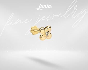 14K Solid Gold Flower Flatback Ear Piercing with CZ Stone Earring Studs Lobe Tragus Helix Cartilage Threadless Tiny Everyday Jewelry