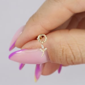 14K Solid Gold Leaf Dangle CZ Flat Back Earrings Cartilage Helix Flower Piercing Ear Piercing Tragus Lobe Earring Studs Real Threadless