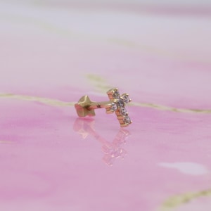 14K Solid Gold Cross Flat Back Earring | Real Gold Crucifix Conch Earring, Helix & Tragus Piercing, Cartilage, Ear Piercing, Flat Back Studs