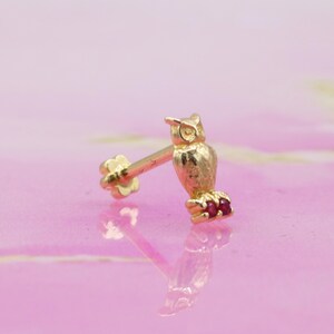 14K Solid Gold CZ Owl Flat Back Earring | Real Gold Nocturnal Bird Conch Earring, Helix & Tragus Piercing, Cartilage, Ear Piercing, Studs
