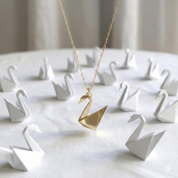 Collar con colgante de cisne origami de oro de 14 quilates, plata minimalista, pequeño