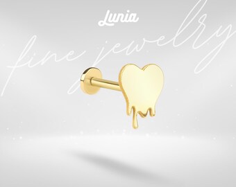 14K Solid Gold Melted Heart Flat Back Earrings Earring Studs Love Valentine Silver