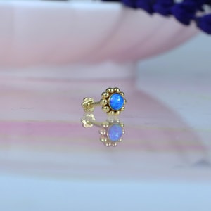 14K Solid Gold Blue Beads Flatback Ear Piercing Stud Earring Helix Stud Tragus Piercing Tiny Screw Flat Back Earring