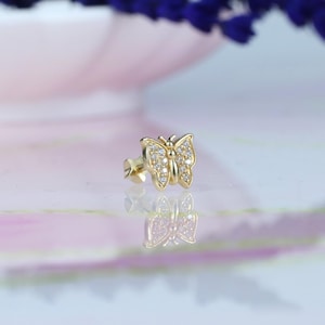 14K Solid Gold CZ Butterfly Flat Back Earring | Real Gold Moth Conch Earring Helix Tragus Piercing, Cartilage, Ear Piercing, Flat Back Studs