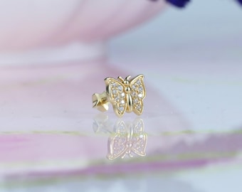 14K ソリッド ゴールド CZ バタフライ フラット バック イヤリング | リアル ゴールド モス コンク イヤリング ヘリックス トラガス ピアス、軟骨、耳ピアス、フラット バック スタッド