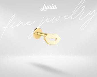 14K Solid Gold Lips Flatback Ear Piercing Helix Tragus Cartilage Lobe Earring Studs Threadless Everyday 18 Gauge Jewelry Tiny Real Simple