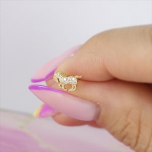 14K Solid Gold Stone Horse CZ Flat Back Earrings Cartilage Helix Tragus Earring Studs Animal Piercing Western Earrings Lobe Ear Piercing