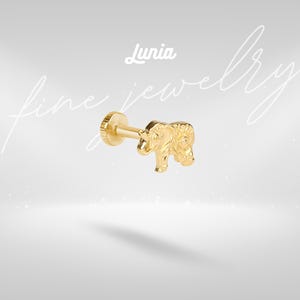 Könnte beinhalten: Ein goldfarbener Ohrstecker in Elefantenform. Der Ohrring hat ein detailliertes Elefanten-Design und eine flache, runde Rückseite. Das Wort "Lunia" steht in Schreibschrift über dem Ohrring, mit "fine jewelry" links.