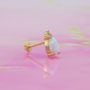 14K Solid Gold White Drop Flat Back Earring | Real Gold Pearl Drop Conch Earring, Helix & Tragus Piercing, Cartilage, Ear Piercing, Studs