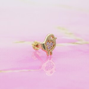14K Solid Gold Bird Flat Back Earring | Real Gold Sparrow Conch Earring, Helix & Tragus Piercing, Cartilage, Ear Piercing, Flat Back Studs