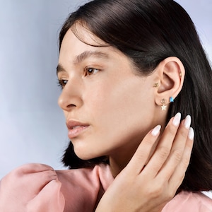 14K Solid Gold CZ Blue Drop Flat Back Earring | Real Gold Celestial Drip Conch Earring, Helix Tragus Piercing, Cartilage, Ear Piercing,Studs