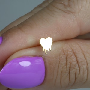 14K Solid Gold Melted Heart Flat Back Earrings Earring Studs Love Helix Valentine Tragus Cartilage Lobe Melting Ear Piercing Simple Tiny