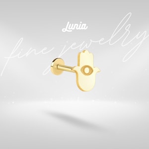 14K massivt guld Hamsa hand flatback öronpiercing Fatima Helix silverörhänge