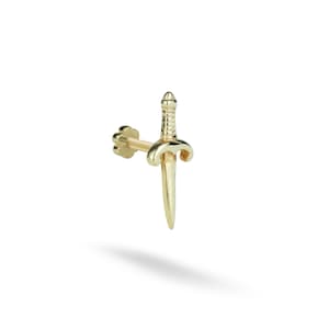 14K Solid Gold Sword Flat Back Earring | Real Gold Blade Conch Earring, Helix Tragus Piercing, Cartilage, Ear Piercing, Flat Back Studs