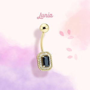 14K Solid Gold CZ Rectangle Black Belly Ring Body Belly Dainty Navel Clicker Minimalist Real Gold Everyday Piercing Jewelry Barbell Ring