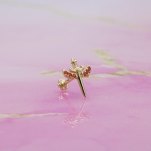 14K Solid Gold CZ Orange Sword Flat Back Earring | Real Gold Blade Conch Earring, Helix Tragus Piercing, Cartilage, Ear Piercing, Studs