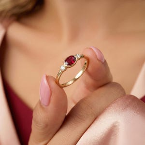 14K Solid Gold Oval Ruby Stone Diamond Ring Red Minimalist Dainty Thin Silver Jewelry