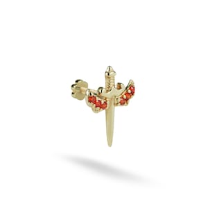 14K Solid Gold CZ Orange Sword Flat Back Earring | Real Gold Blade Conch Earring, Helix Tragus Piercing, Cartilage, Ear Piercing, Studs