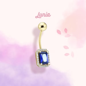 14K Solid Gold CZ Rectangle Blue Belly Ring Belly Button Dainty Navel Body Real Gold Clicker Threaded Everyday Piercing Jewelry Barbell Ring