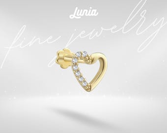 14K Solid Gold Love Glow CZ Flat Back Earrings Cartilage Lobe Love Piercing Tragus Earring Studs Romantic Earring Threadless Everyday Tiny