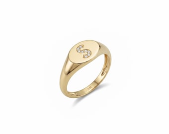 Anillo inicial de oro de 14 quilates con diseño de banda de letras de diamantes, joyería personalizada en plata