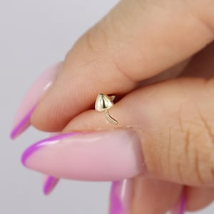 14K Solid Gold Mushroom Flat Back Earrings Helix Ear Piercing Cartilage Tragus Earring Studs Fungi Earring Tiny Real Threadless Jewelry