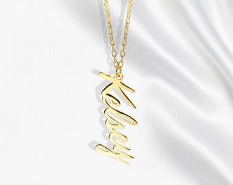 14K Gold Name Necklace Unique Vertical Personalized Custom Jewelry Real Gift Nameplate