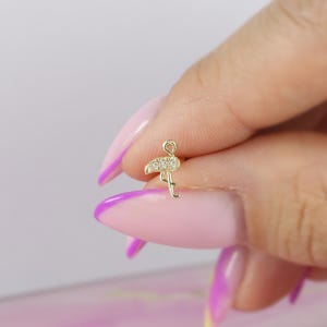 14K Solid Gold Flamingo CZ Flat Back Earrings Tragus Lobe Helix Bird Piercing Cartilage Earring Studs Ear Piercing Tiny Real Threadless