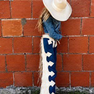 Western Leather Chaps Women, Fringe Cowboy Chaps, Blue & Ivory Rodeo Chaps, Cowgirl Riding Chaps, Handmade Leather Chinks