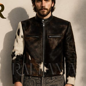 Men’s Cowhide Leather Jacket | Real Cowskin Hair-On-Hide Biker Coat | Western Rodeo Jacket for Men | Halloween Cowboy Outfit Gift For Him