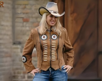 Handmade Women Suede Fringe Western Jacket: Beaded Cowgirl Boho Coat